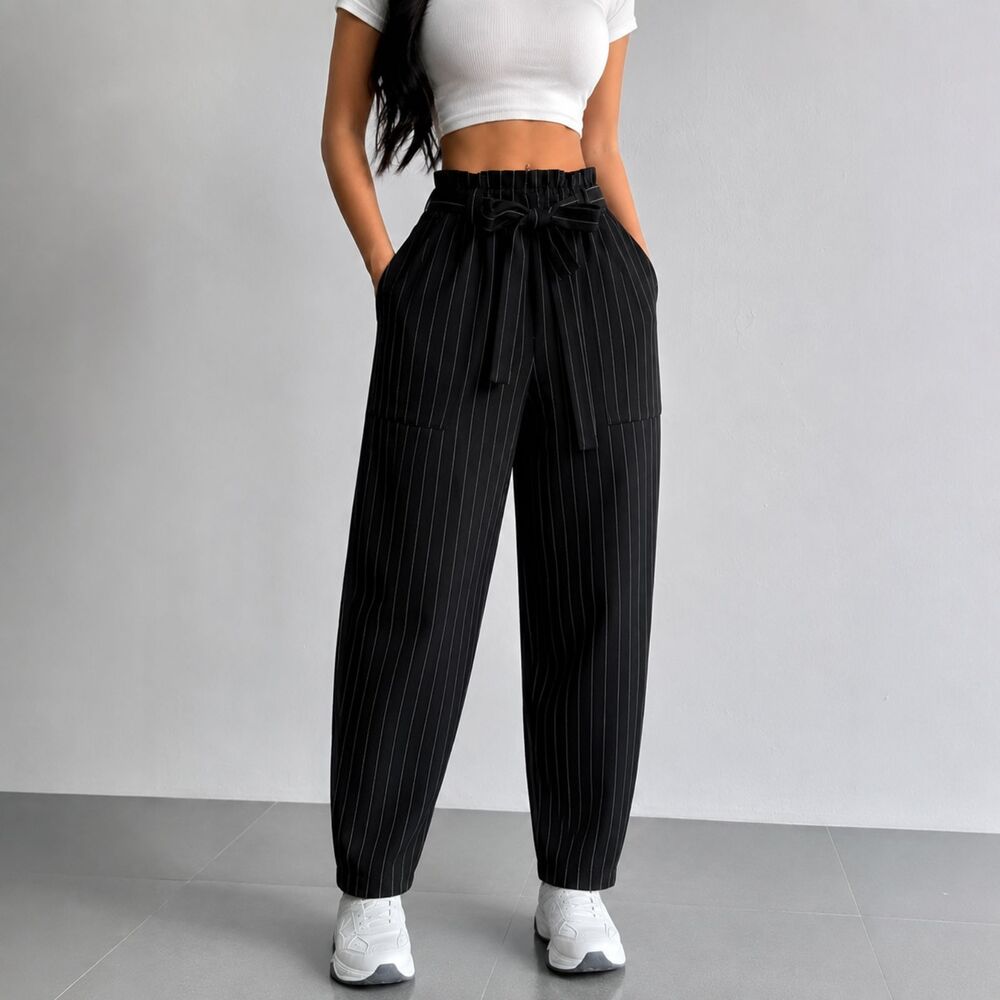 Streetwear Society Blank Pinstripe Trousers with Paperbag Waist